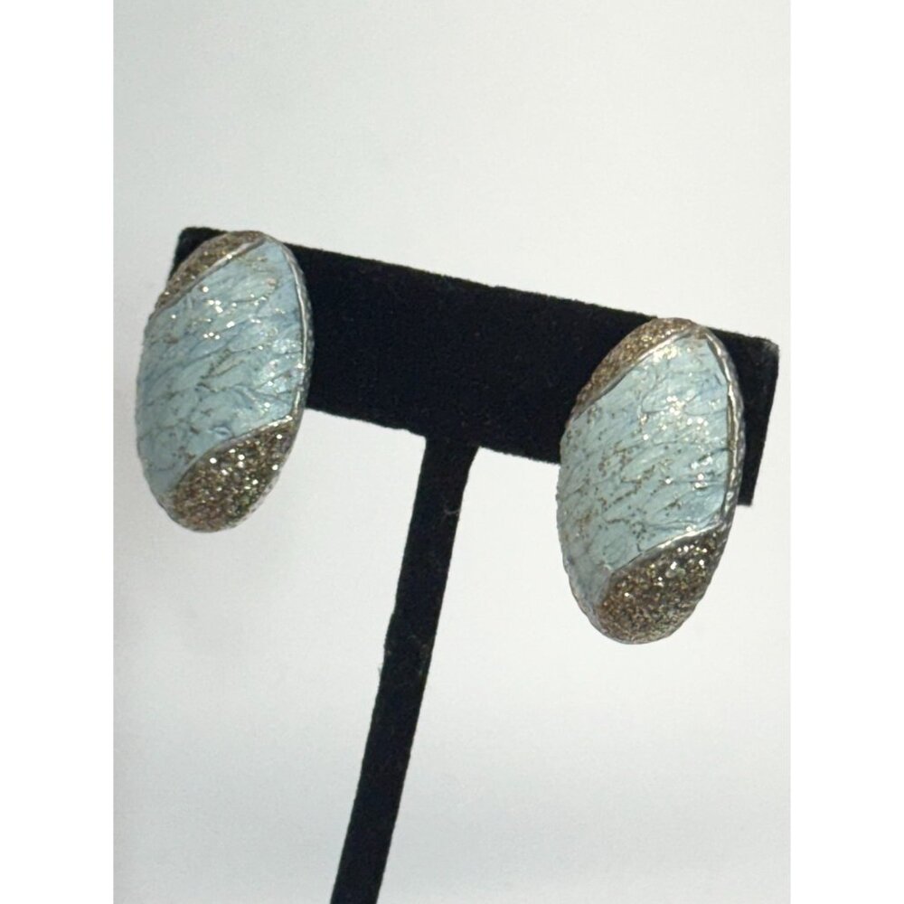 Vintage KMO blue sparkle clip on earrings - Picture 2 of 4